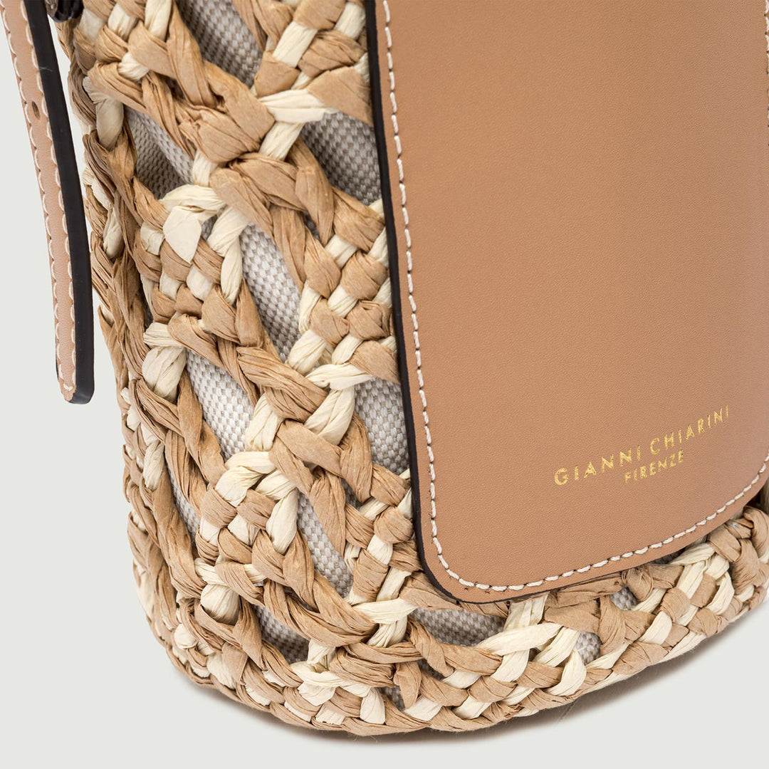 SECCHIELLO SAONA SMALL IN PAGLIA CON DETTAGLI IN PELLE CUOIO BS 10730 STRAW-PL 11130 GIANNI CHIARINI 
