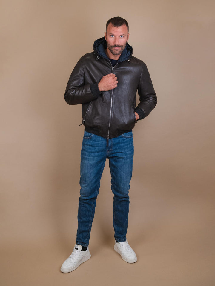 GIUBBOTTO REVERSIBILE IMBOTTITO CON CAPPUCCIO IN PELLE MARRONE  "JONAH" JONAH 06 JACK LEATHER 