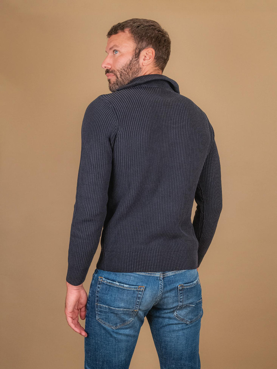 Maglia in cotone blu a costine con chiusura zip 8252223 283 ANDREA MORANDO 