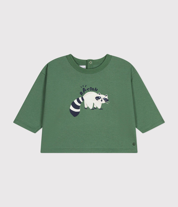 T-shirt verde con stampa procione a maniche lunghe A0BPI 04 PETIT BATEAU 