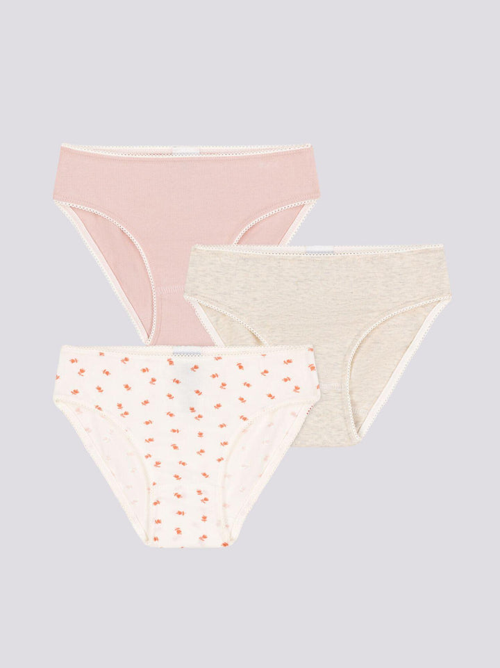 CONFEZIONE DA 3 SLIP BAMBINA IN COTONE ED ELASTAM MOTIVO FIORE A089A 00 PETIT BATEAU 