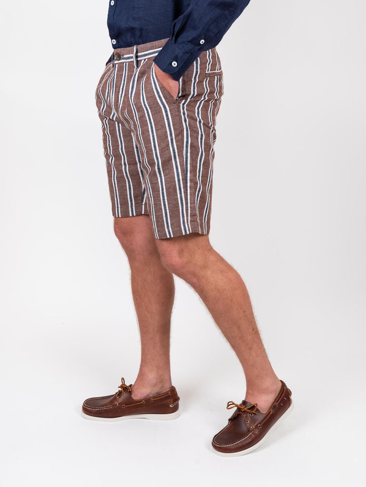 Bermuda in lino e cotone a righe marrone blu