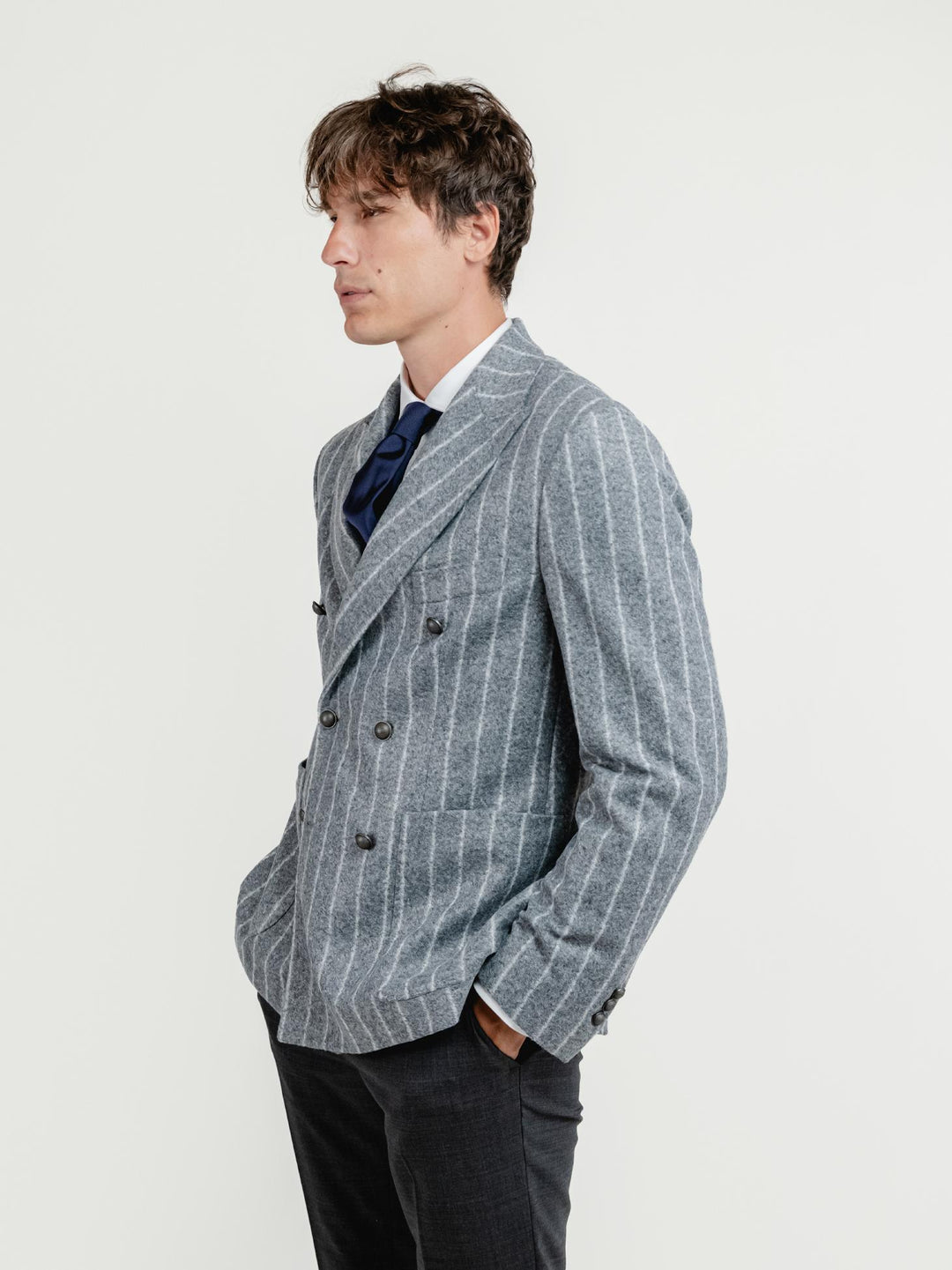 BLAZER DOPPIOPETTO MISTO LANA GESSATO GRIGIO G007 172 ANDREA MORANDO 