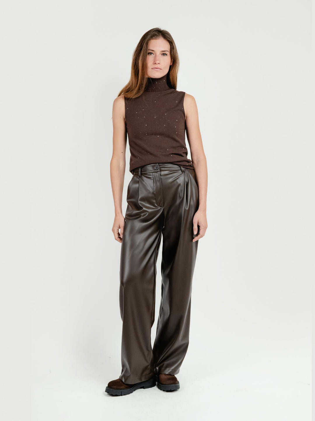 PANTALONE A PALAZZO IN ECOPELLE TESTA MORO P1060/150M MARRONE ANDREA MORANDO 
