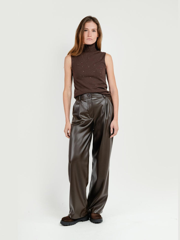 PANTALONE A PALAZZO IN ECOPELLE TESTA MORO P1060/150M MARRONE ANDREA MORANDO 