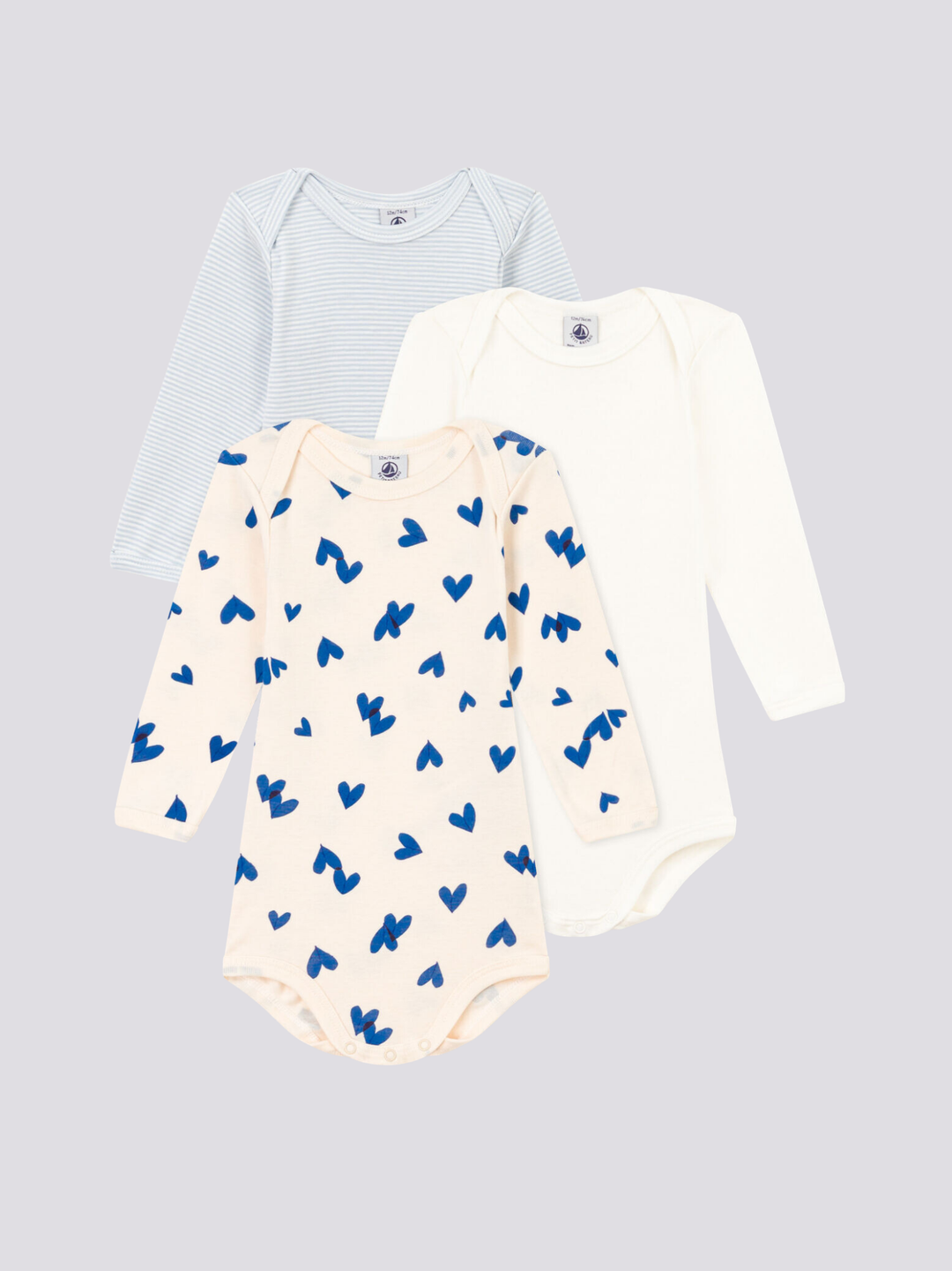 CONFEZIONE DA 3 BODY BEBÈ IN COTONE A CUORI BLU A08JV 00 PETIT BATEAU 