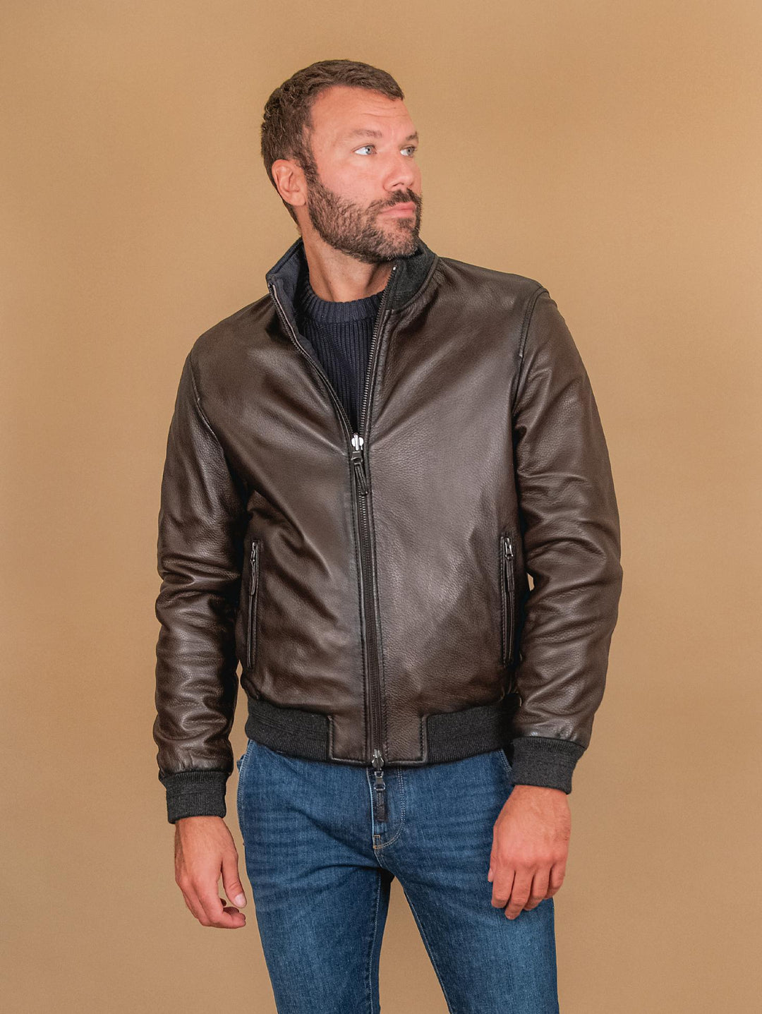 GIUBBOTTO REVERSIBILE IN PELLE MARRONE CON INSERTI IN MAGLIA "DANR" DANR 06 JACK LEATHER 