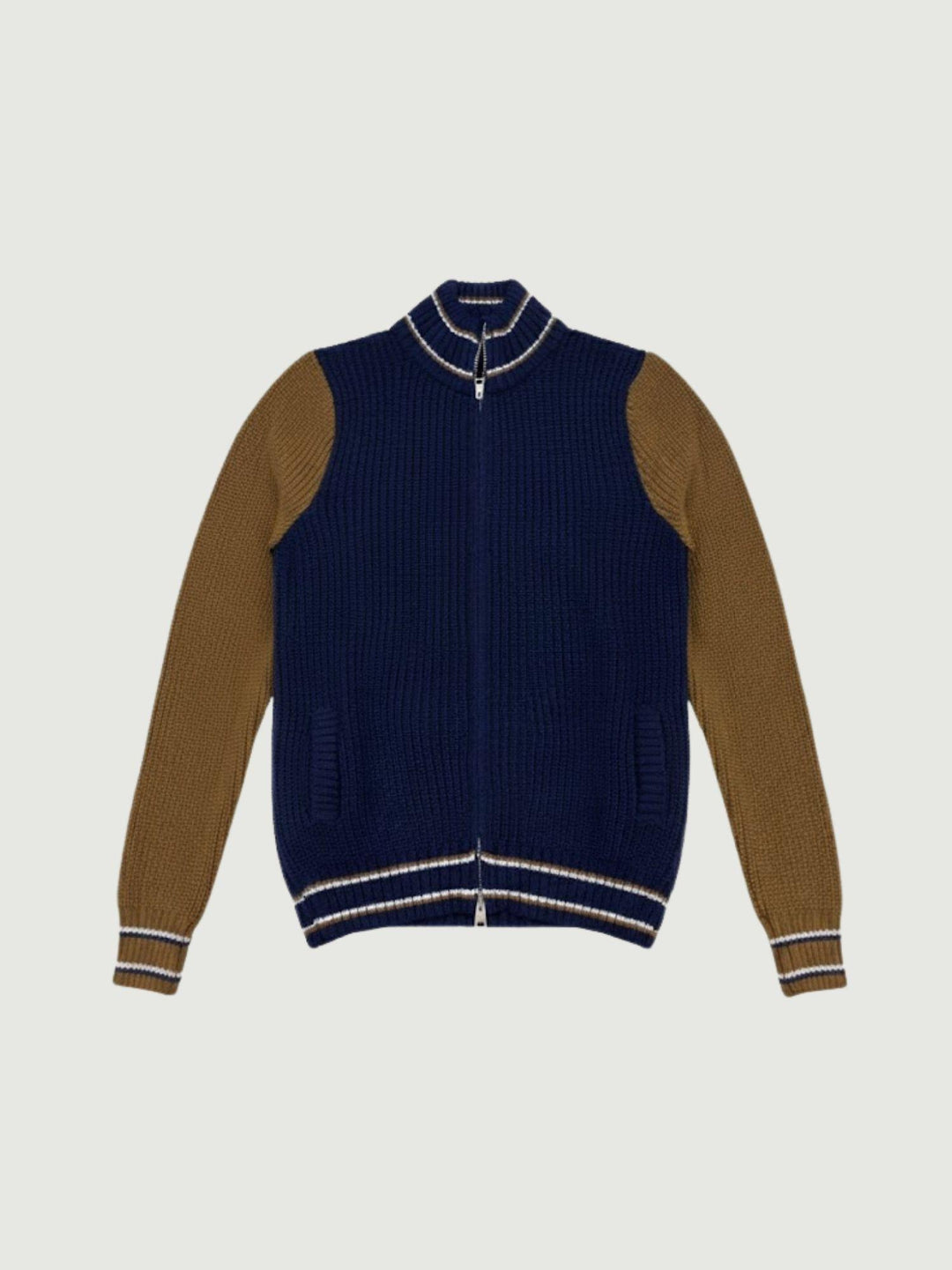 MAGLIONE A COLLO ALTO CON ZIP BLU E TABACCO ELIANOD BLU/SPEZIE ANDREA MORANDO 
