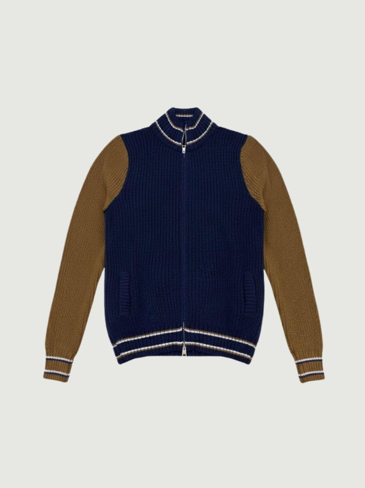 MAGLIONE A COLLO ALTO CON ZIP BLU E TABACCO ELIANOD BLU/SPEZIE ANDREA MORANDO 