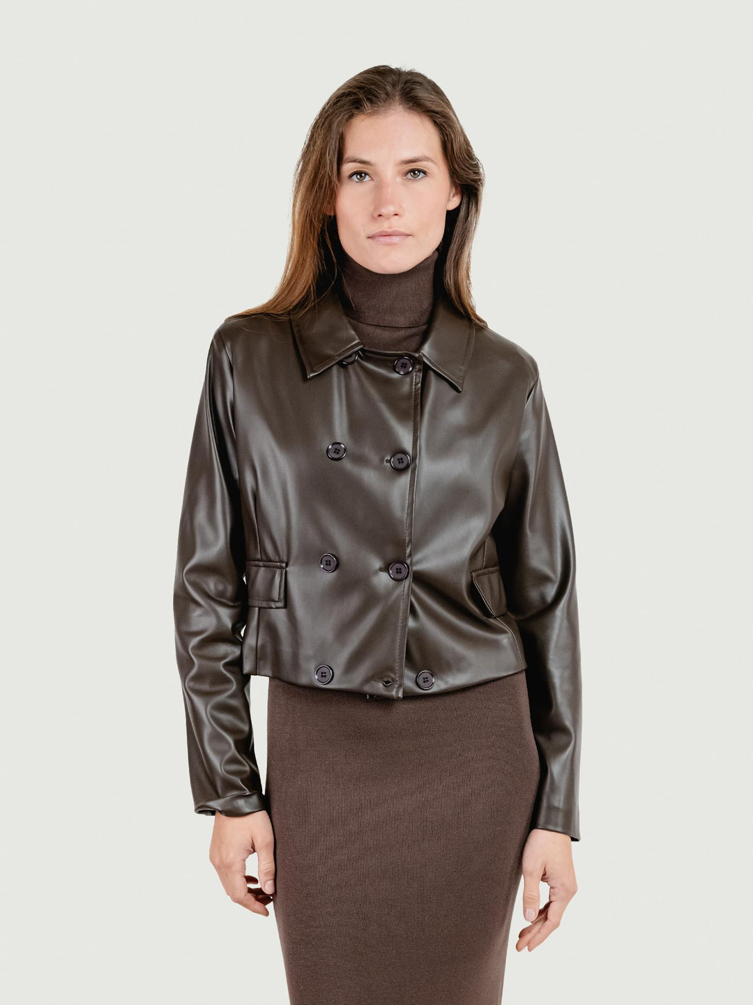 GIACCA CROPPED DOPPIOPETTO IN ECOPELLE TESTA MORO GI331FD/150M MARRONE ANDREA MORANDO 