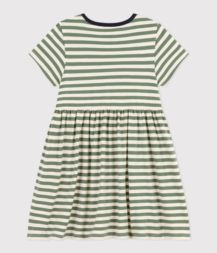 ABITO A MANICHE CORTE IN COTONE VERDE A RIGHE BAMBINA A09SU 01 PETIT BATEAU 