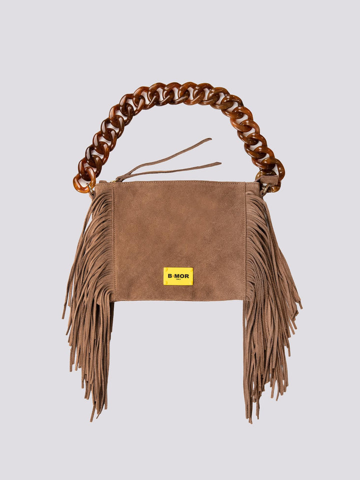 BORSA A TRACOLLA IN CAMOSCIO BEIGE CON FRANGE "FLAPPY" FLAPPY TAUPE BIMOR 