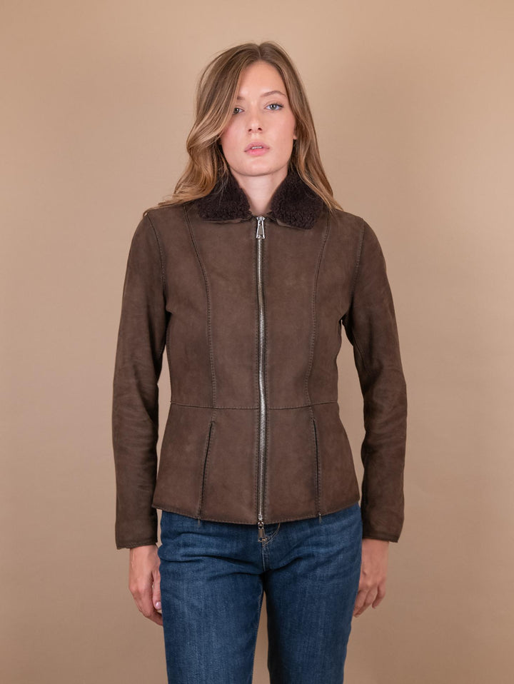 GIUBBOTTO "JUNGLE" IN CAMOSCIO CON ZIP E COLLO IN MONTONE NOCE BET8 704 JACK LEATHER 