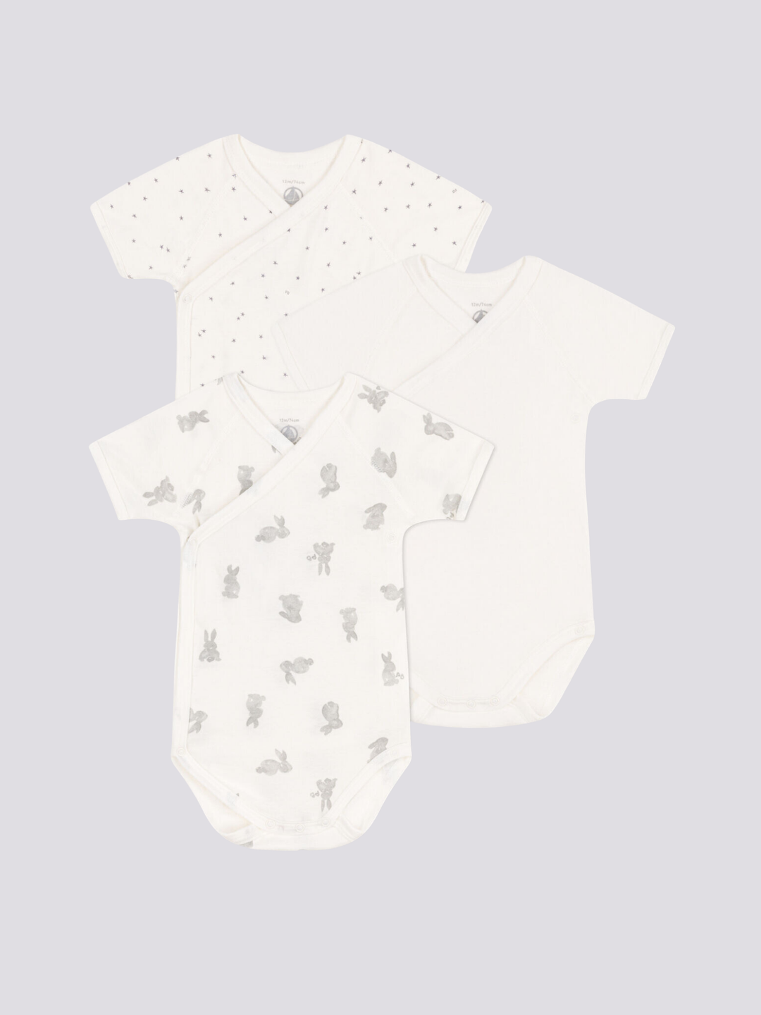 CONFEZIONE DA 3 BODY INCROCIATI IN COTONE CON CONIGLI A08IM 00 PETIT BATEAU 