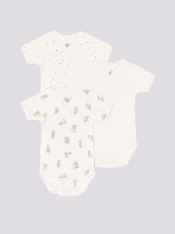 CONFEZIONE DA 3 BODY INCROCIATI IN COTONE CON CONIGLI A08IM 00 PETIT BATEAU 