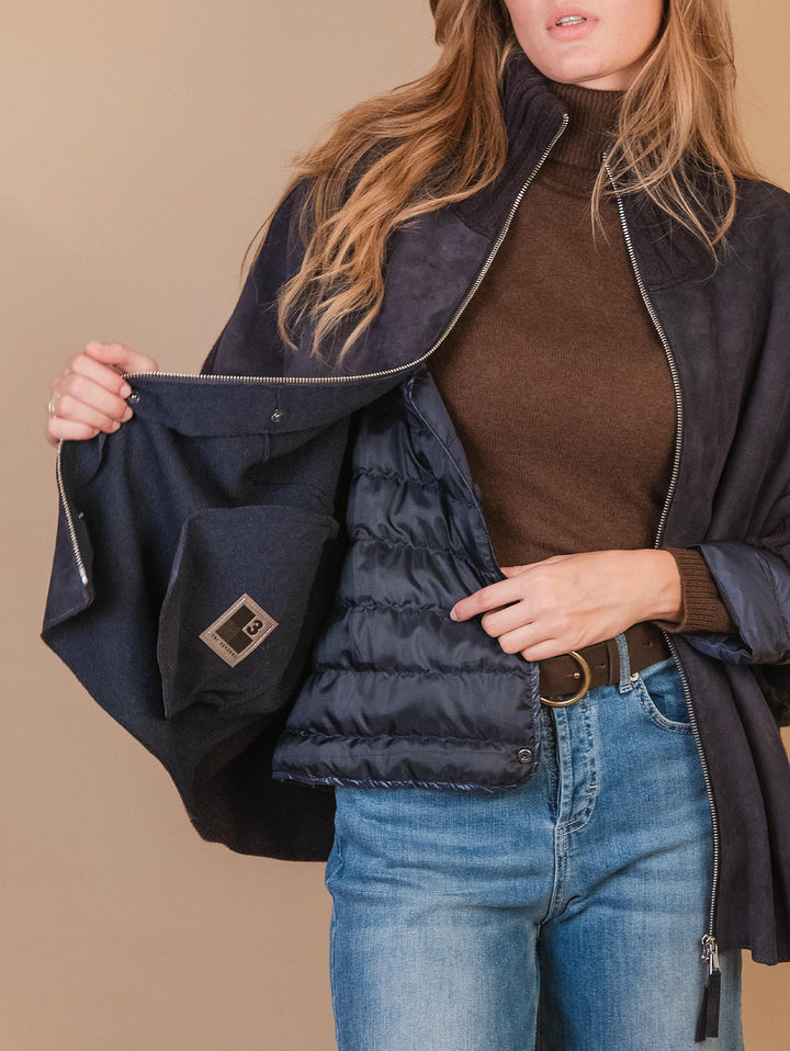 MANTELLA "ADELE" IN CAMOSCIO CON INSERTI IN MAGLIA E PIUMINO  BLU ADEK 201 JACK LEATHER 