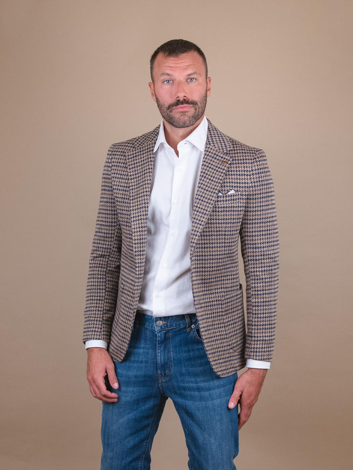 BLAZER SFODERATO IN FANTASIA pied de poule CR549 BEIGE/BLU/MARR ANDREA MORANDO 
