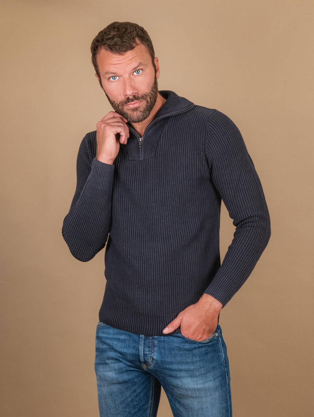 Maglia in cotone blu a costine con chiusura zip 8252223 283 ANDREA MORANDO 