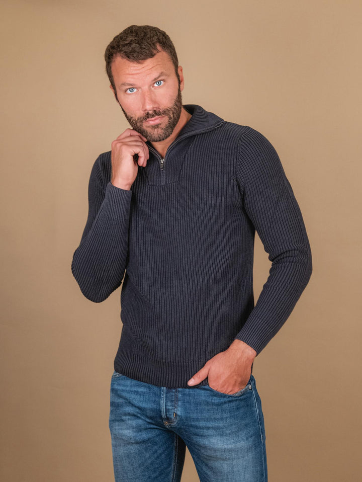 Maglia in cotone blu a costine con chiusura zip 8252223 283 ANDREA MORANDO 