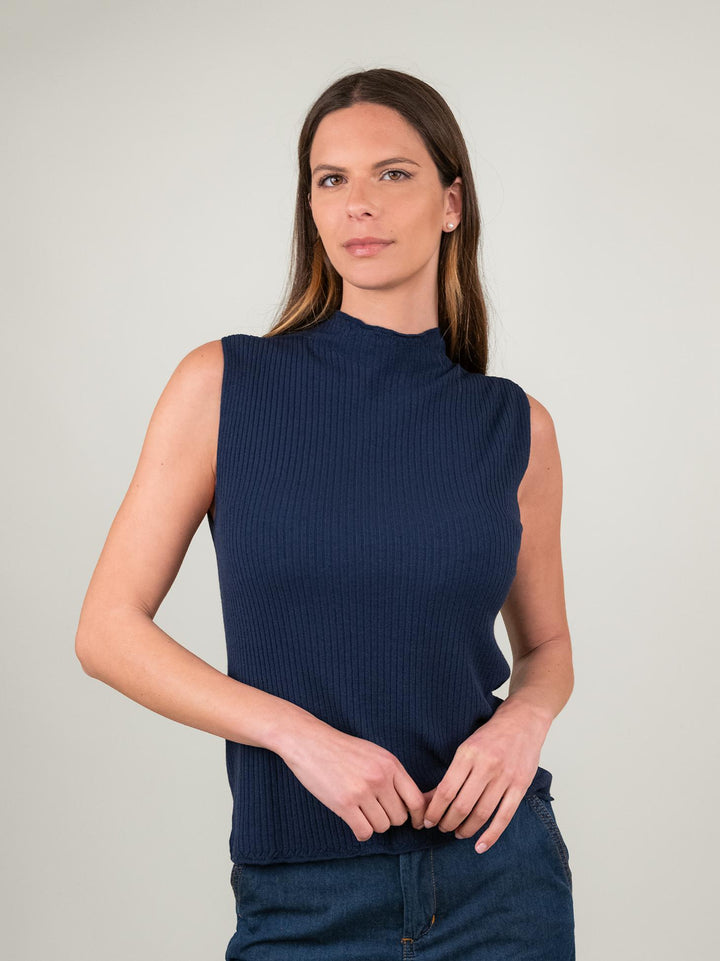 TOP SMANICATO CON COLLO LUPETTO BLU 1616 BLU ANDREA MORANDO 