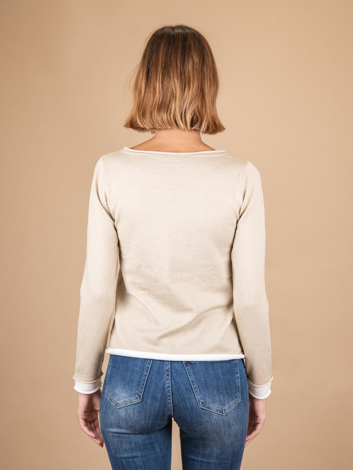 MAGLIA SCOLLO A BARCA BICOLORE BEIGE E BIANCA 2351296 022 ANDREA MORANDO 