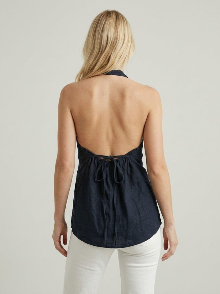 Top con scollo a V in lino navy 6TS0527 NAVY ANDREA MORANDO 