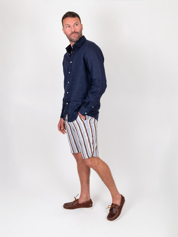 Bermuda in lino e cotone a righe marrone azzurro