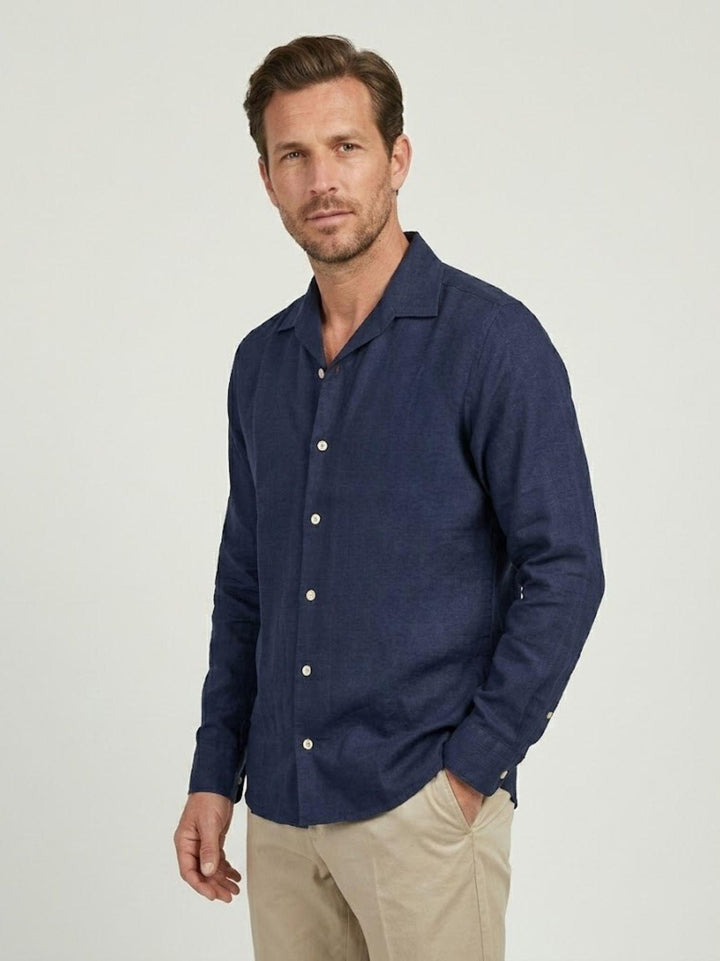 Camicia in tessuto chambray lino e cotone navy CRAIG 04 DEPERLU 