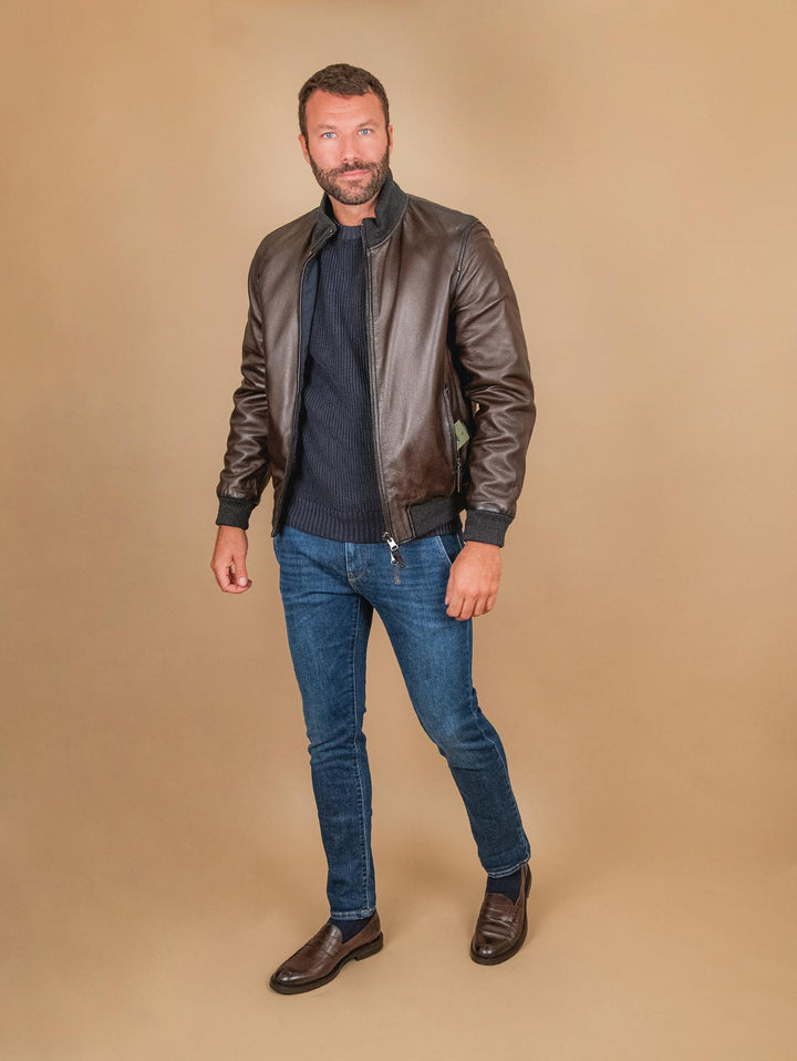 GIUBBOTTO REVERSIBILE IN PELLE MARRONE CON INSERTI IN MAGLIA "DANR" DANR 06 JACK LEATHER 