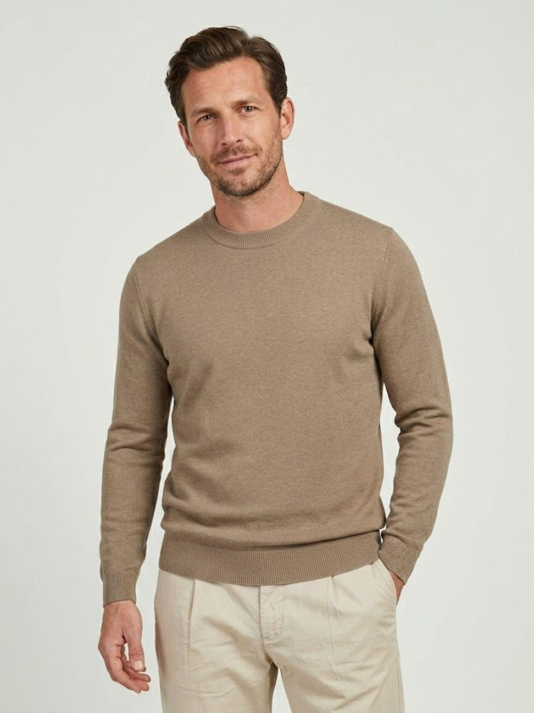 Maglia girocollo in cotone extrafine nocciola 5050126 672 ANDREA MORANDO 