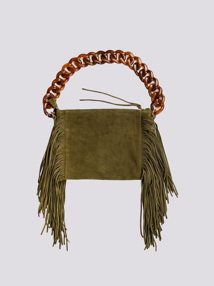 BORSA A TRACOLLA IN CAMOSCIO VERDE MILITARE  CON FRANGE "FLAPPY" FLAPPY VERDE MILITARE BIMOR 