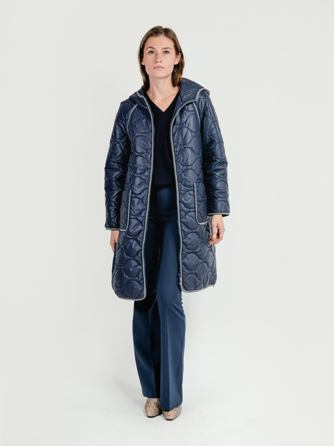 GIACCA A VENTO LUNGA TRAPUNTATA BLU 565NIGO421 51 ANDREA MORANDO 