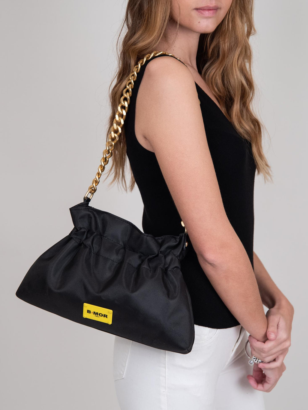 BORSA IN NYLON CON CHIUSURA A CARAMELLA E CATENA OPACA "MINI SWAG" MINI SWAG NERO BIMOR 