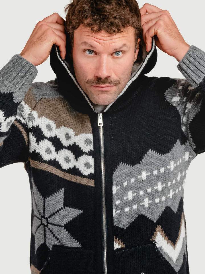 MAGLIONE CON CAPPUCCIO E  ZIP MULTICOLOR MELANDRO BLU/TORTORA ANDREA MORANDO 
