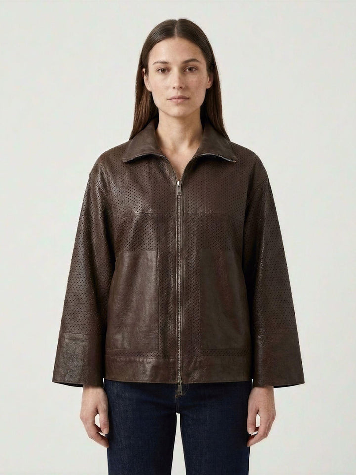 Giacca Giglio in pelle traforata marrone scuro GIPE 06 JACK LEATHER 