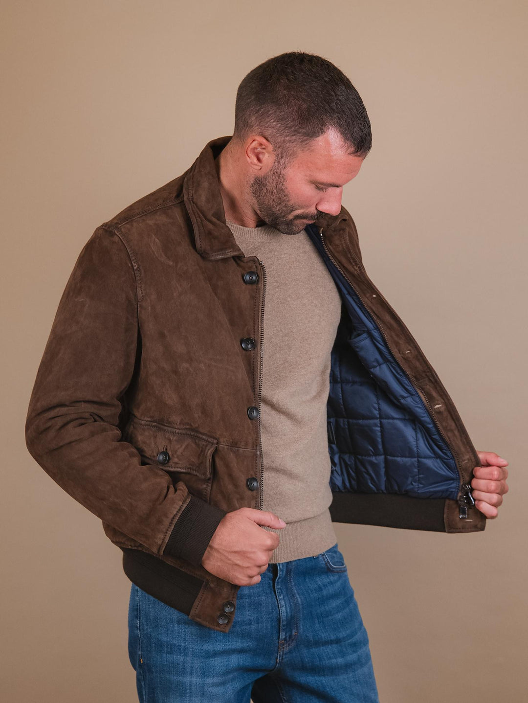 GIUBBOTTO IMBOTTITO IN CAMOSCIO MARRONE "OTTAWA" OTTA J24 JACK LEATHER 