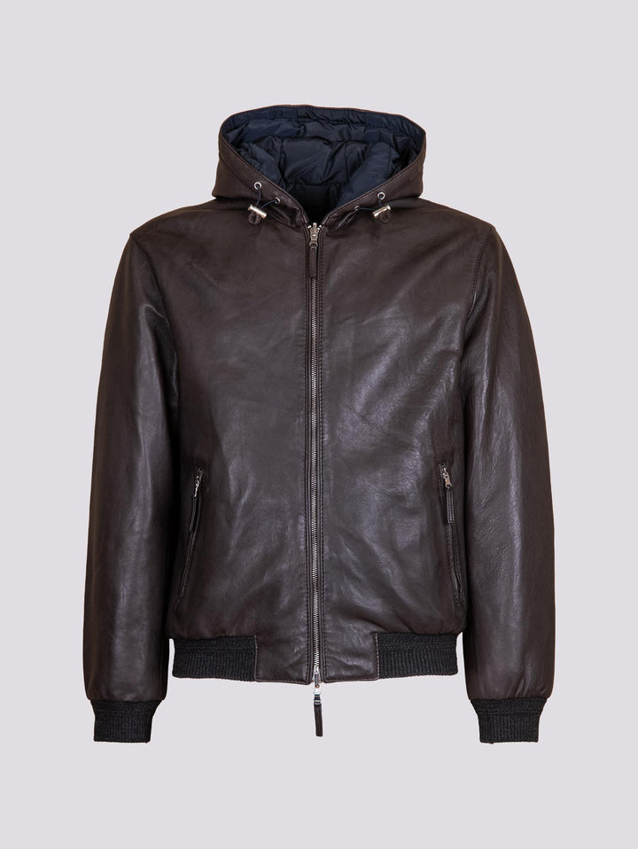 GIUBBOTTO REVERSIBILE IMBOTTITO CON CAPPUCCIO IN PELLE MARRONE  "JONAH" JONAH 06 JACK LEATHER 