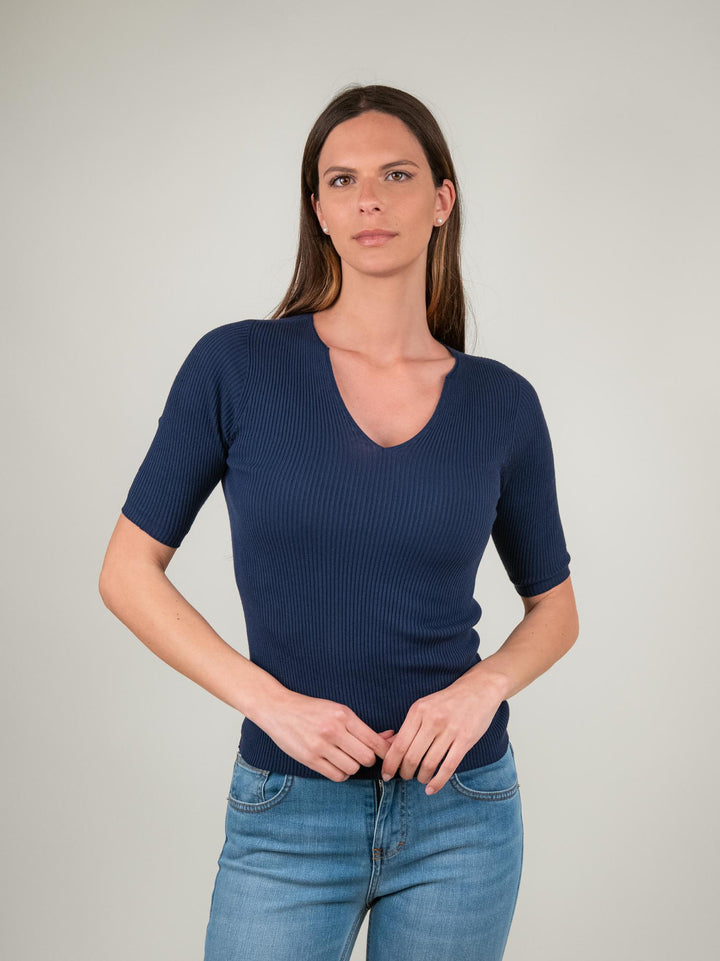 MAGLIA A COSTINE BLU SCOLLO A V 3922 BLU ANDREA MORANDO 