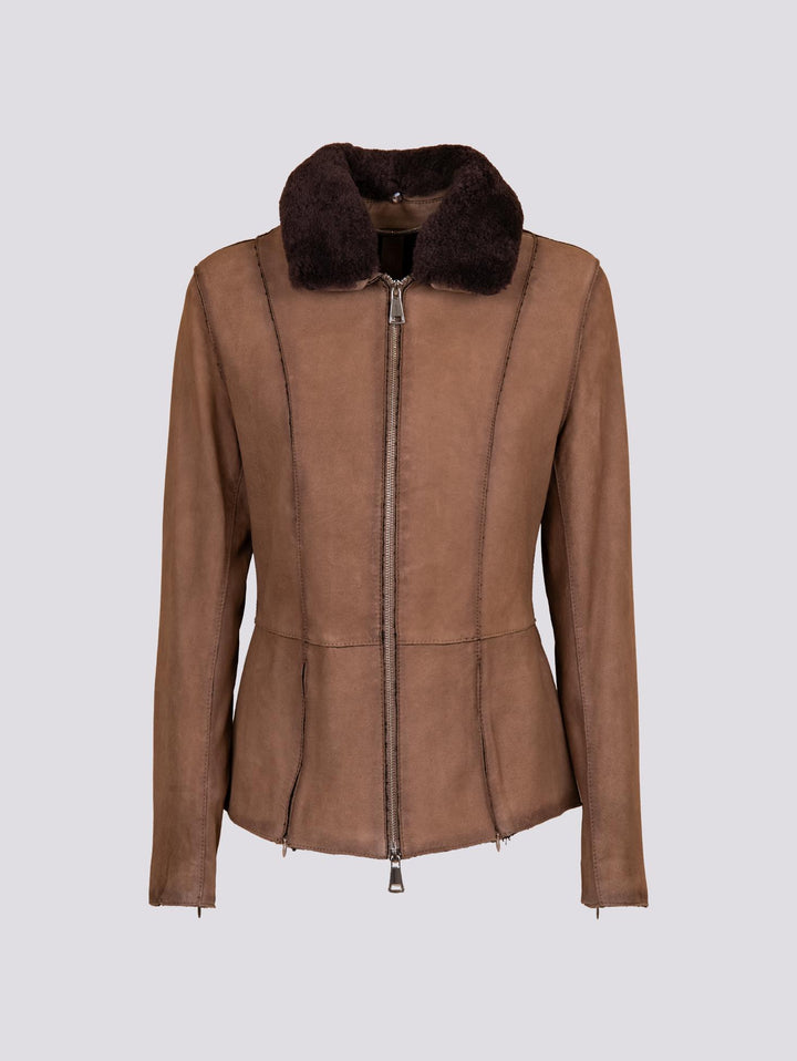 GIUBBOTTO IN CAMOSCIO CON ZIP E COLLO IN MONTONE TABACCO BET8 87 JACK LEATHER 