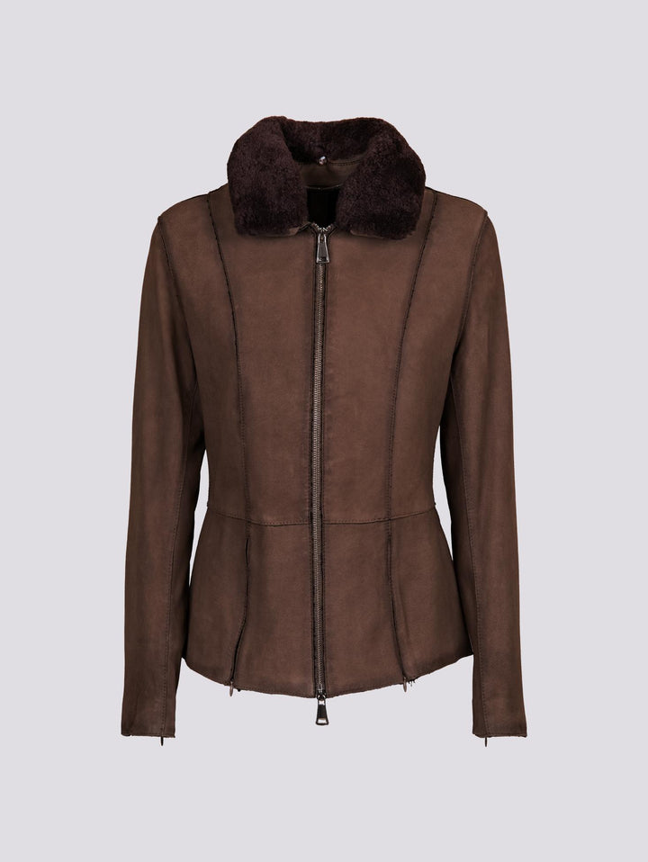 GIUBBOTTO "JUNGLE" IN CAMOSCIO CON ZIP E COLLO IN MONTONE NOCE BET8 704 JACK LEATHER 