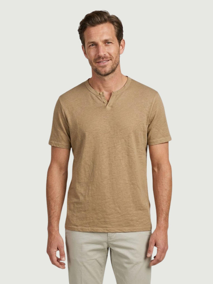 T-shirt collo serafino in misto lino color cammello 6TS0358 FANGO ANDREA MORANDO 