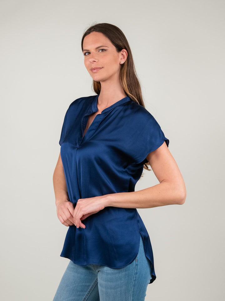 BLUSA A MANICA CORTA IN RASO BLU M9237 BLU ANDREA MORANDO 