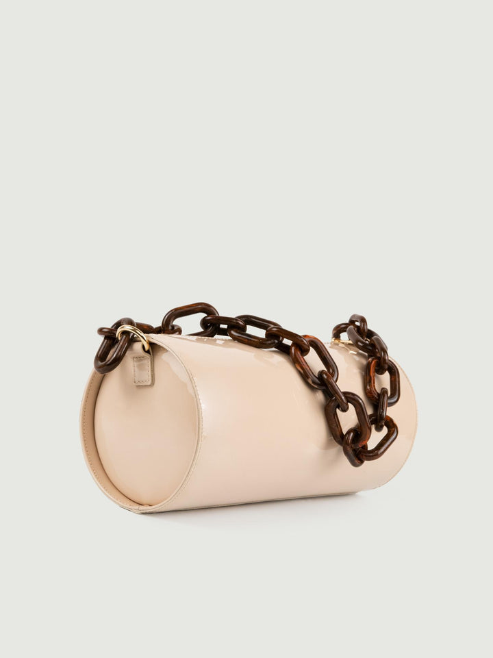 BORSA CILINDRO CIRCULAR BEIGE IN PELLE VERNICE