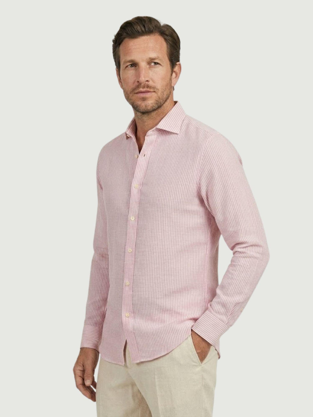 Camicia in lino a righine bianche e rosa BU26S02CALINCOT404 650 ANDREA MORANDO 