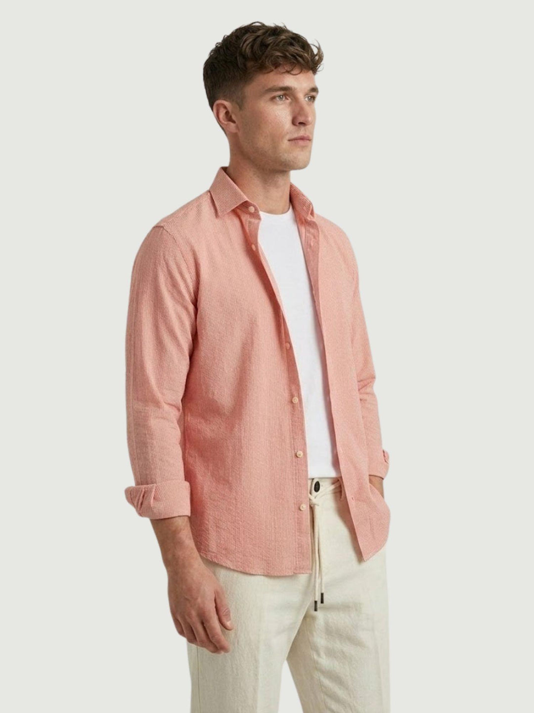 Camicia in cotone seersucker a righine rosse e bianche regular MALDIVES/REG 601-R662 ANDREA MORANDO 