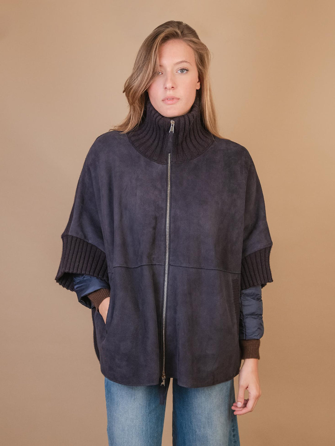 MANTELLA "ADELE" IN CAMOSCIO CON INSERTI IN MAGLIA E PIUMINO  BLU ADEK 201 JACK LEATHER 