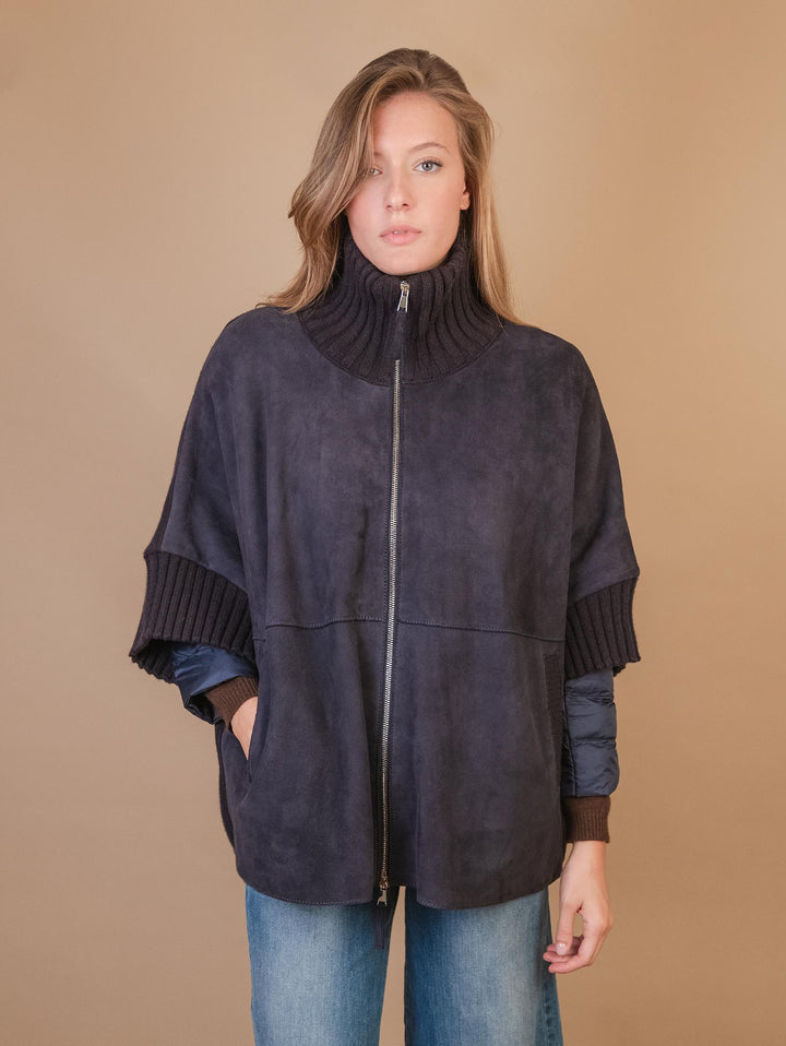 MANTELLA "ADELE" IN CAMOSCIO CON INSERTI IN MAGLIA E PIUMINO  BLU ADEK 201 JACK LEATHER 