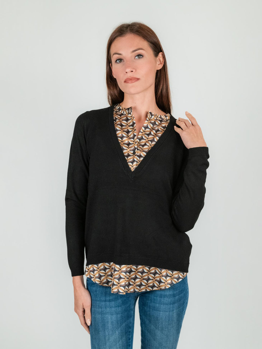 MAGLIA CAMICIA NERA CON INSERTO FANTASIA 245W1460 132 ANDREA MORANDO 