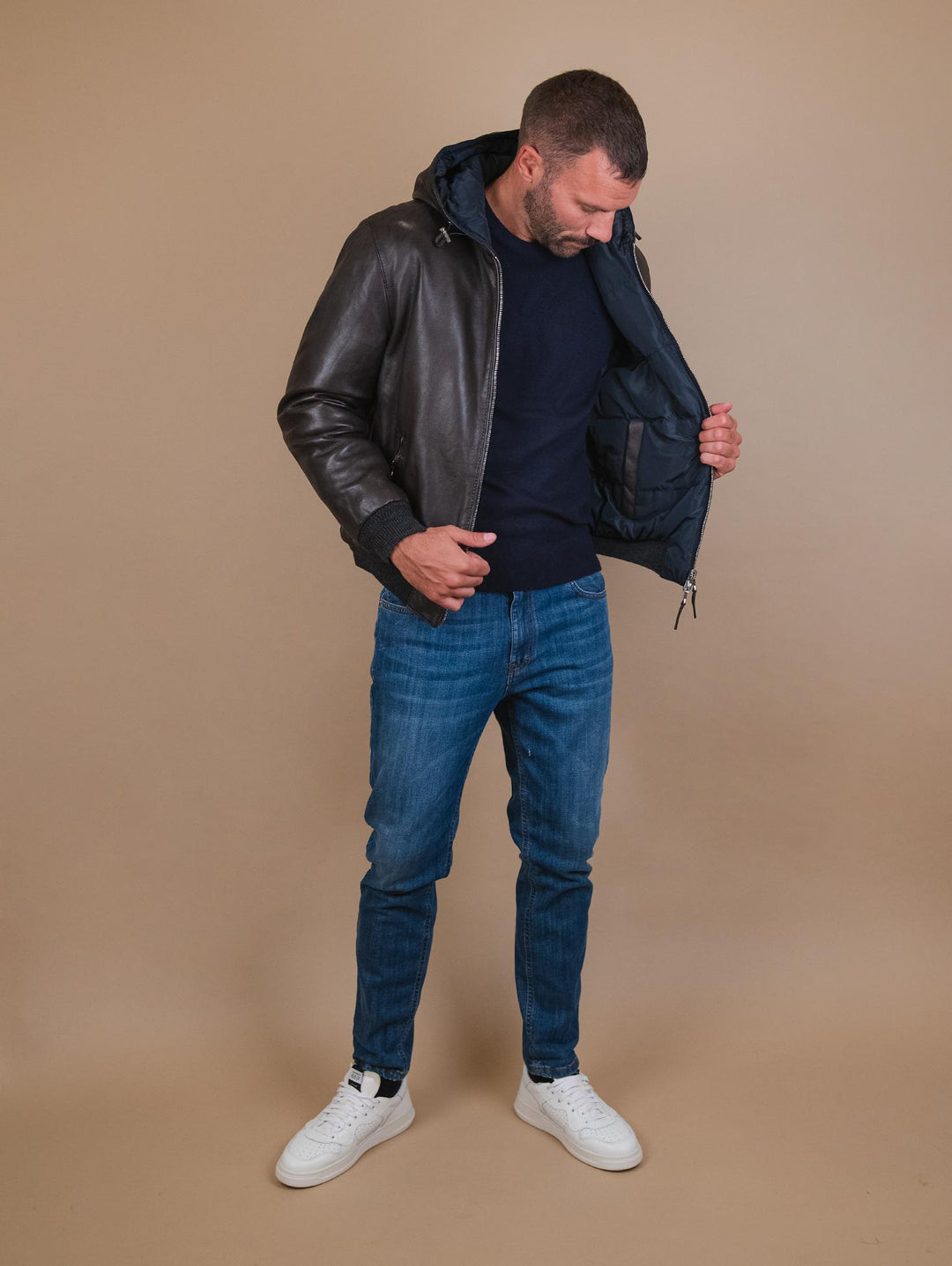 GIUBBOTTO REVERSIBILE IMBOTTITO CON CAPPUCCIO IN PELLE MARRONE  "JONAH" JONAH 06 JACK LEATHER 