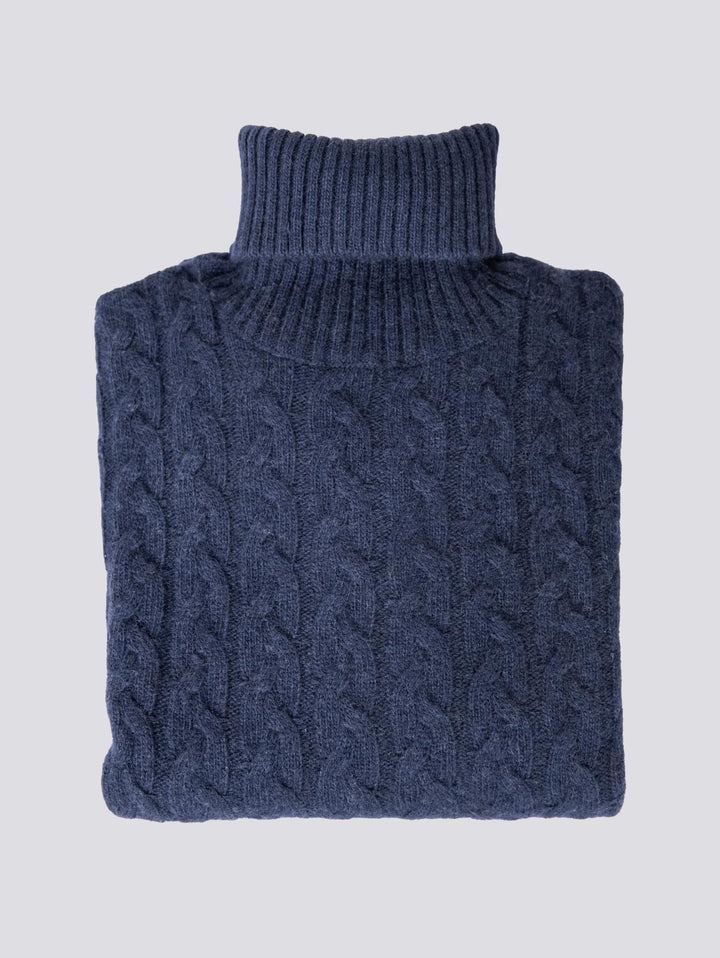Maglione a collo alto con intreccio in lana blu 8112223 303 ANDREA MORANDO 